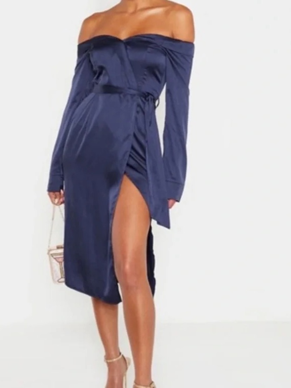 PrettyLittleThing Navy Off-Shoulder Satin Wrap Midi Dress